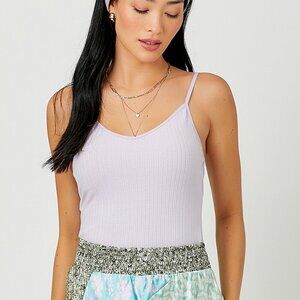 MYSTREE  Lavender Ribbed Knit Cami Tank Top, Adjustable Strap Fitted Stretchy